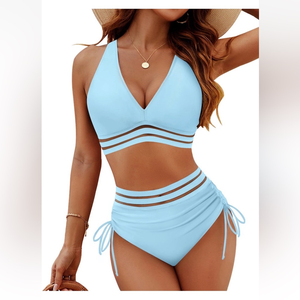 Blooming Jelly NWT L LIGHT BLUE TIE SIDES SEE THROUGH WAIST Women's Bikini Set